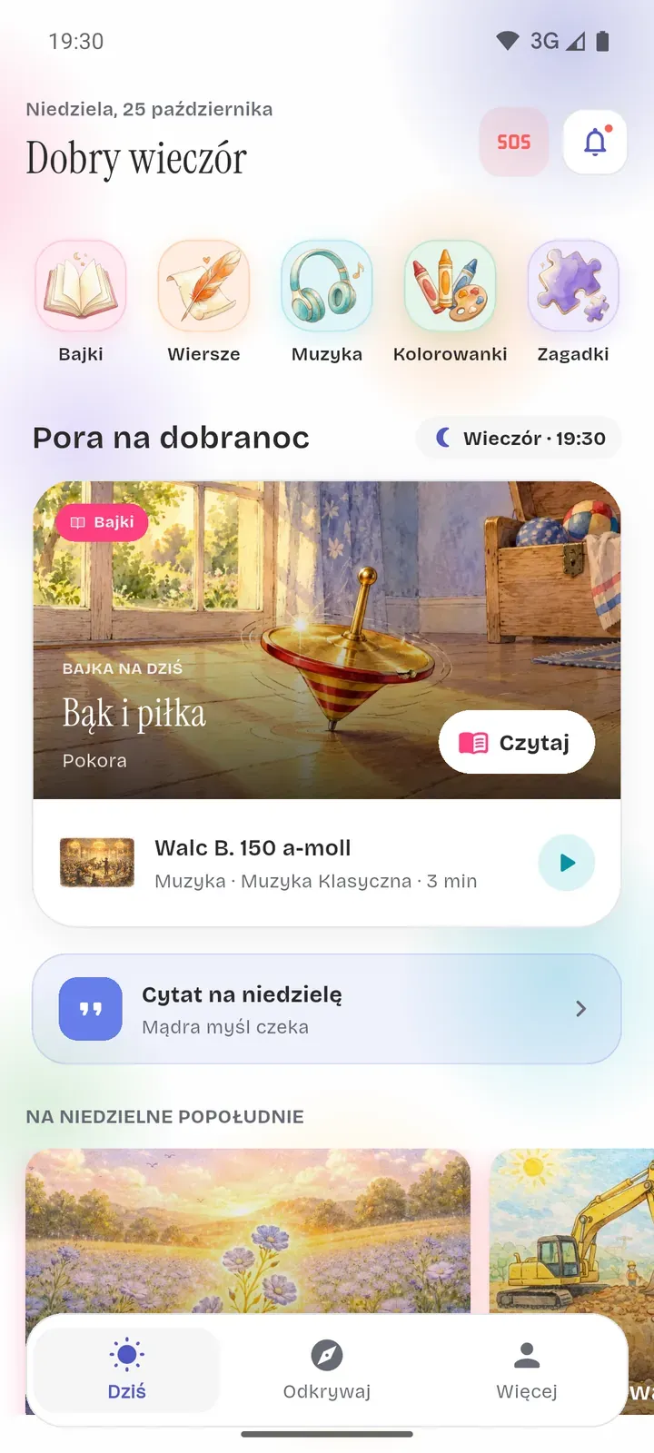 Ekran „Dziś” w Rodzinniku z bajką i muzyką na dobranoc